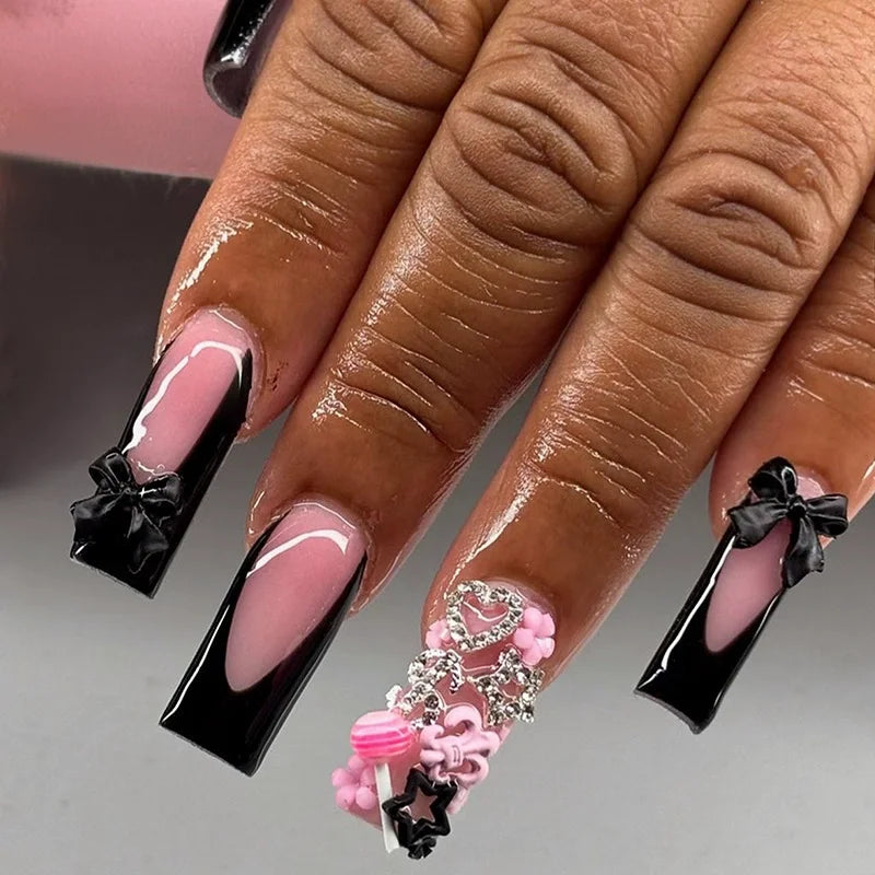 24Pcs French Black Press on Nails Mid-length Square Head Fake Nails with 3D Bow Tie Rhinestone Wearable Finished False Nail Tips