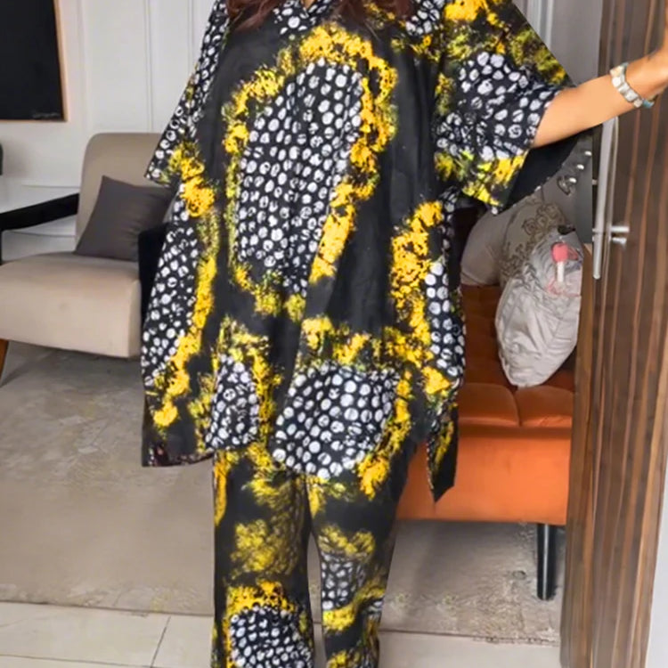 Plus Size 5XL VONDA Women Vintage Pant Sets Print Long Top and Wide Leg Pants Casual Loose 2pcs Two-piece Summer Bohemian Outfit