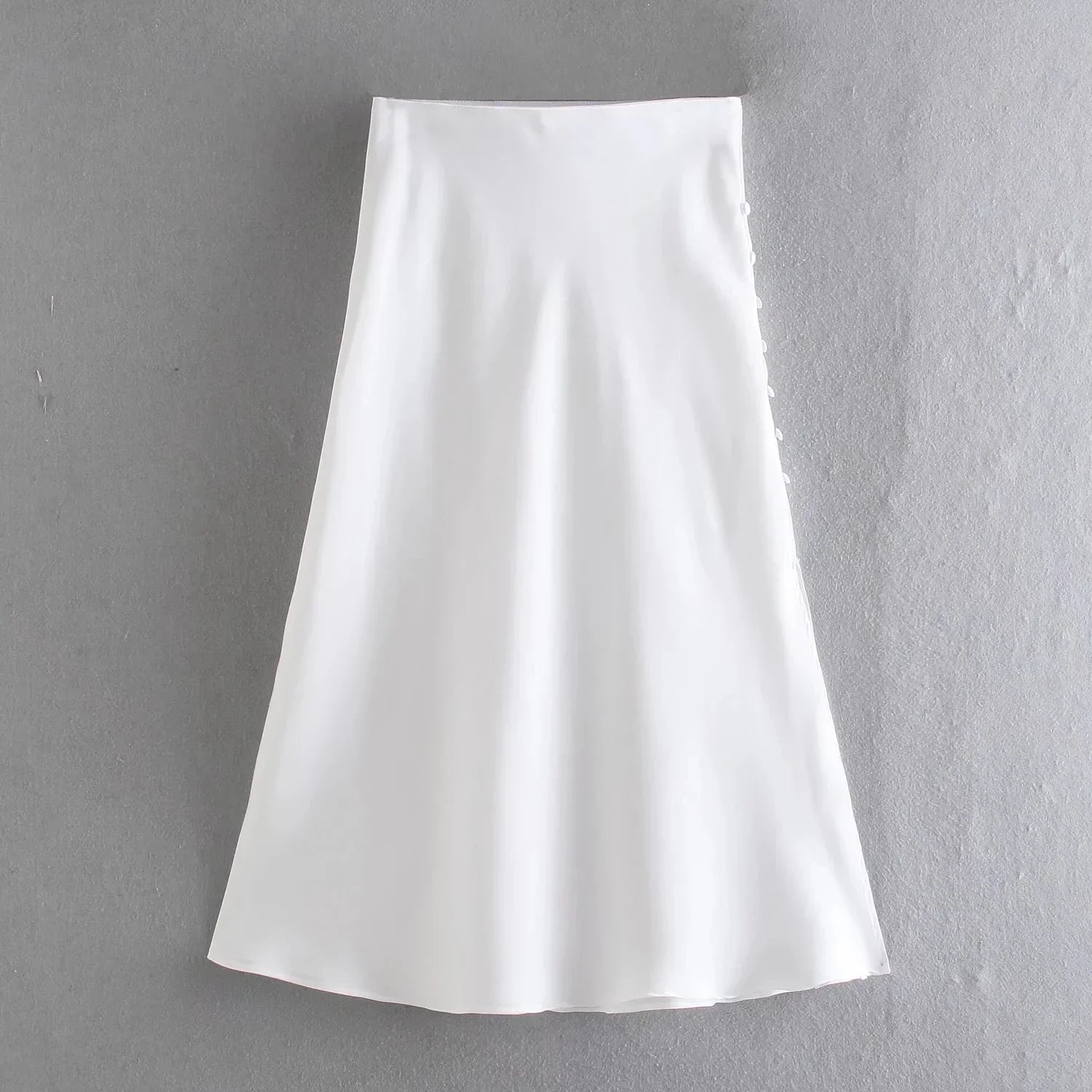 Foridol High Waist Button Slit Midi Satin Skirts Womens Autumn A-line Silk Elegant Skirt Bottoms Office Skirt Faldas Mujer WHITE