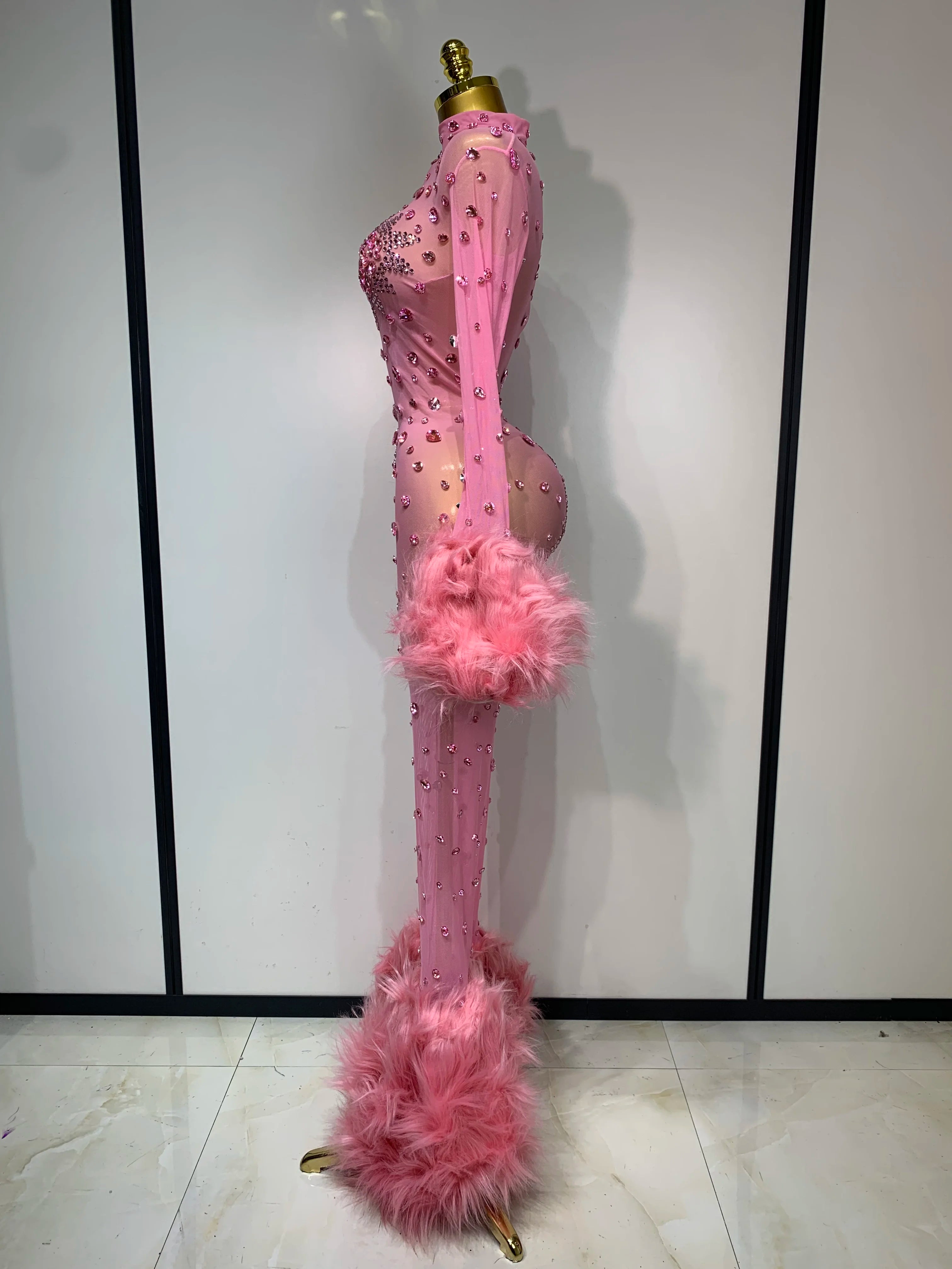 Shiny Diamond Mesh See Through Bodycon Jumpsuit Women Sexy Long Sleeve Performance Singer Costume Nightclub Stage Outfit