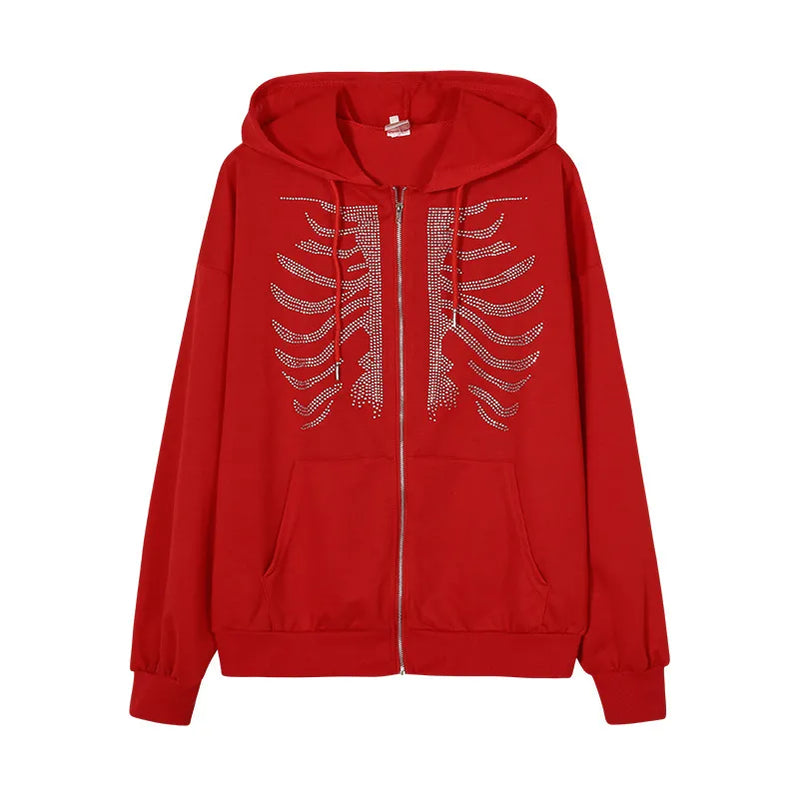 Y2K Rhinestone Skeleton Hoodies Women Gothic Black Zip Up Oversized Sweatshirts Female Retro Harajuku Hooded Jacket Streetwear Red