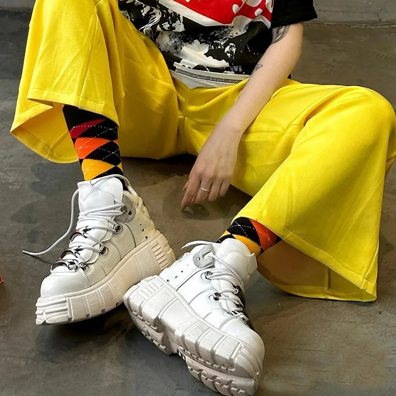 Punk Style Women Black Platform Shoes Metal Decor Lace-up Woman Rock Boots Gothic Black Leather Women Sneakers Botas 2025