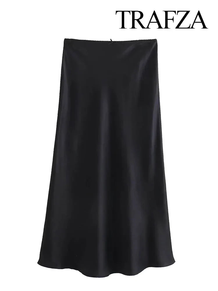 TRAFZA Satin Midi Skirt Woman High Waist Long Skirts For Women New Fashion 2023 Autumn Casual Elegant Party Women's Skirts