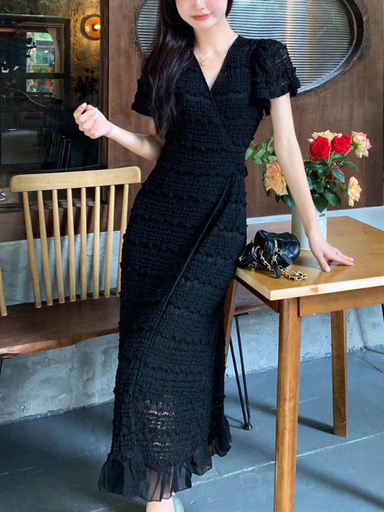 Women Elegant Bodycon Dress Summer Sexy V-neck Short Sleeve Korean Long Dresses Ladies Vintage Solid White Black Long Robe black