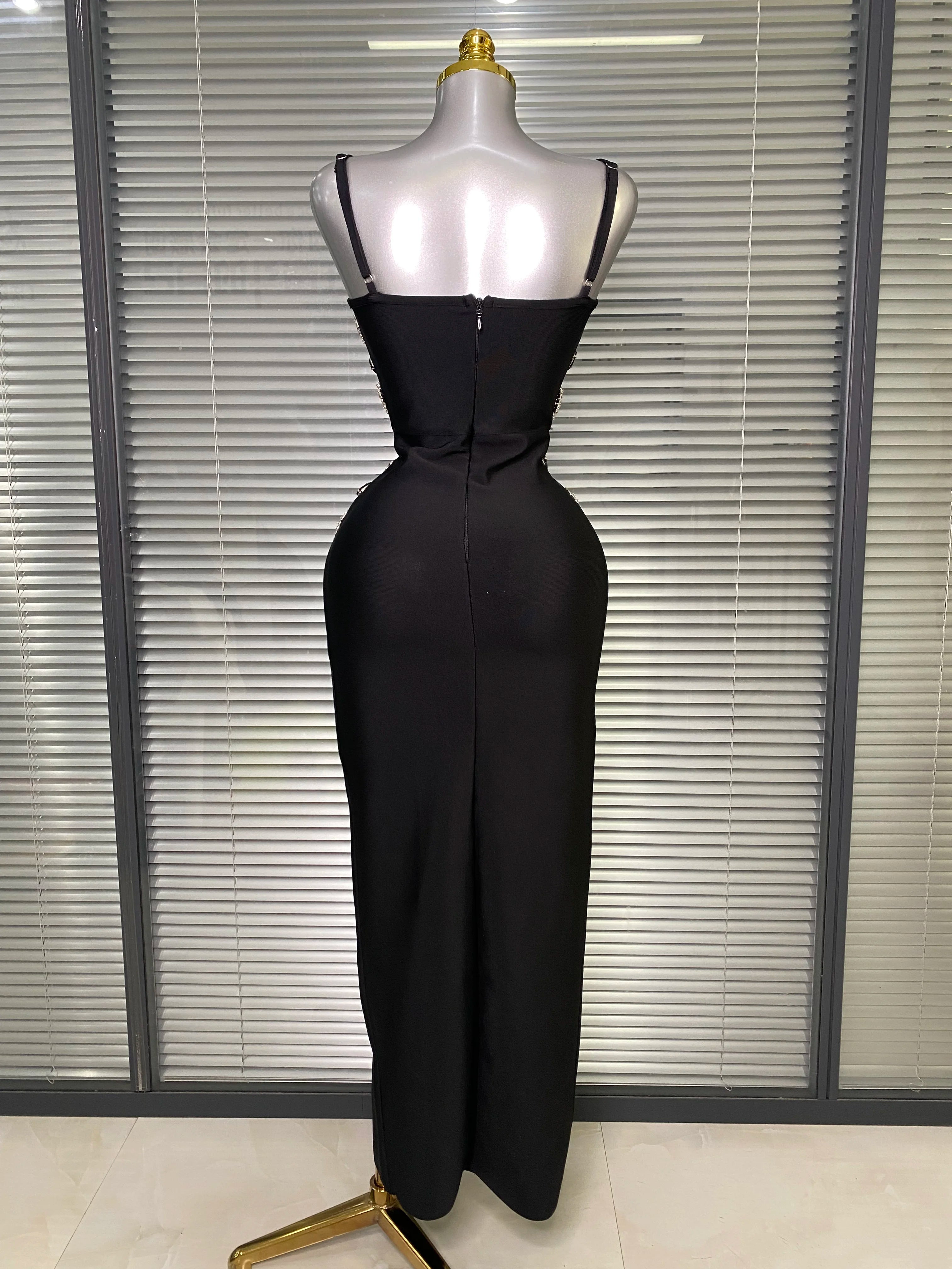 Brand New 2025 Women Black Long Bodycon Bandage Dress Crystal Chain Elegant Evening Party Dress Vestido