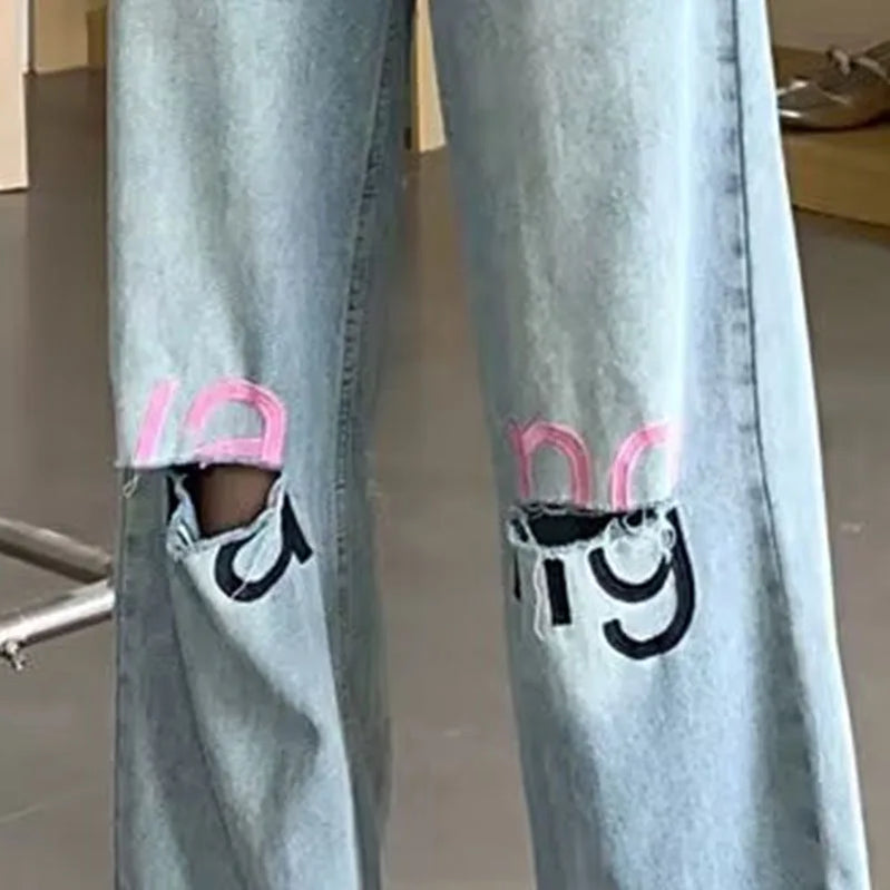 Y2K American Retro Gothic High Waist Perforated Women's Summer New High Street Loose Letter Embroidered Wide Legs