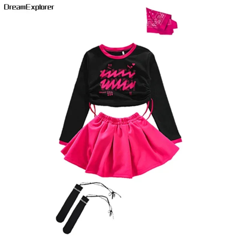 Girls Hip Hop Crop Top Street Dance Skirts Boys Cool Sweatshirt Pink Cargo Pants Child Streetwear Kids Jazz Costumes Clothes Set Skirt Girl 4 Pcs