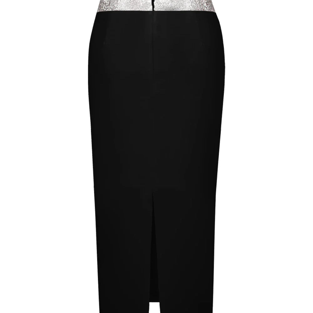 Saia midi bandagem justa branca e preta com cristais e diamantes, saia lápis de cintura alta para festa e boate, 77 cm