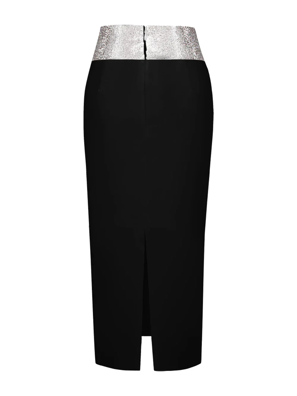 Saia midi bandagem justa branca e preta com cristais e diamantes, saia lápis de cintura alta para festa e boate, 77 cm