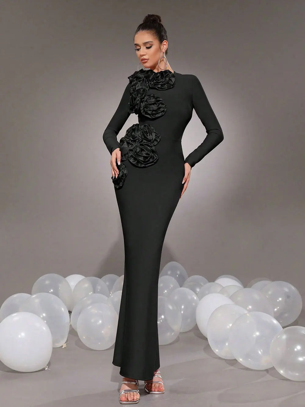 2025 Elegant Women's 3D Flower Decorative Bandage Dress O-neck Long Sleeve Bodycon Long Dress Cocktail Evening Party Vestidos