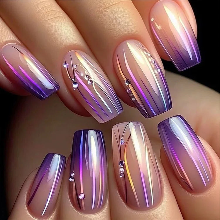 24Pcs Lightning Stripe Smudging Press on Fake Nails Mid-length Square Head False Nails Green Wearable Fashion Full Nail Art Tips