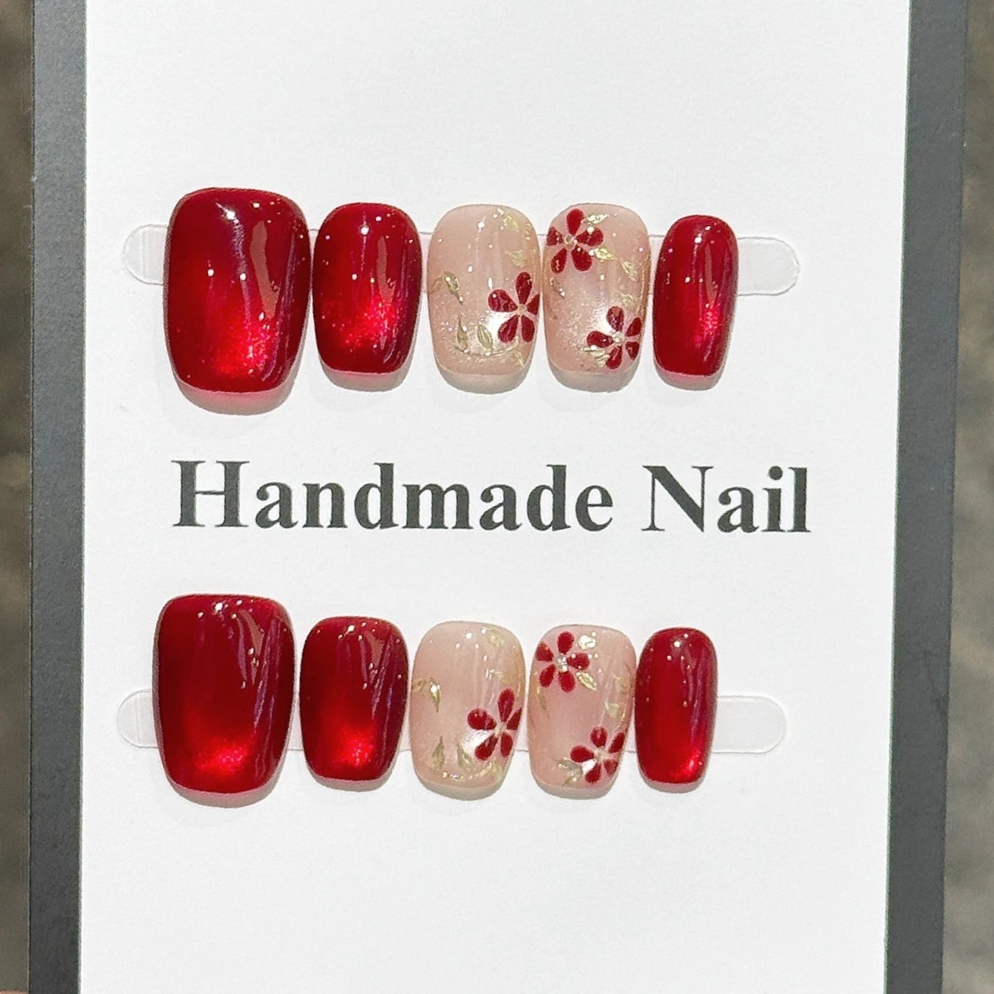 10Pcs Red Flowers Pattern Glitter French Ballet Handmade Fake Nails with Cat Eye Gentle Stick on Nail Set Reusable Acrylic Nails