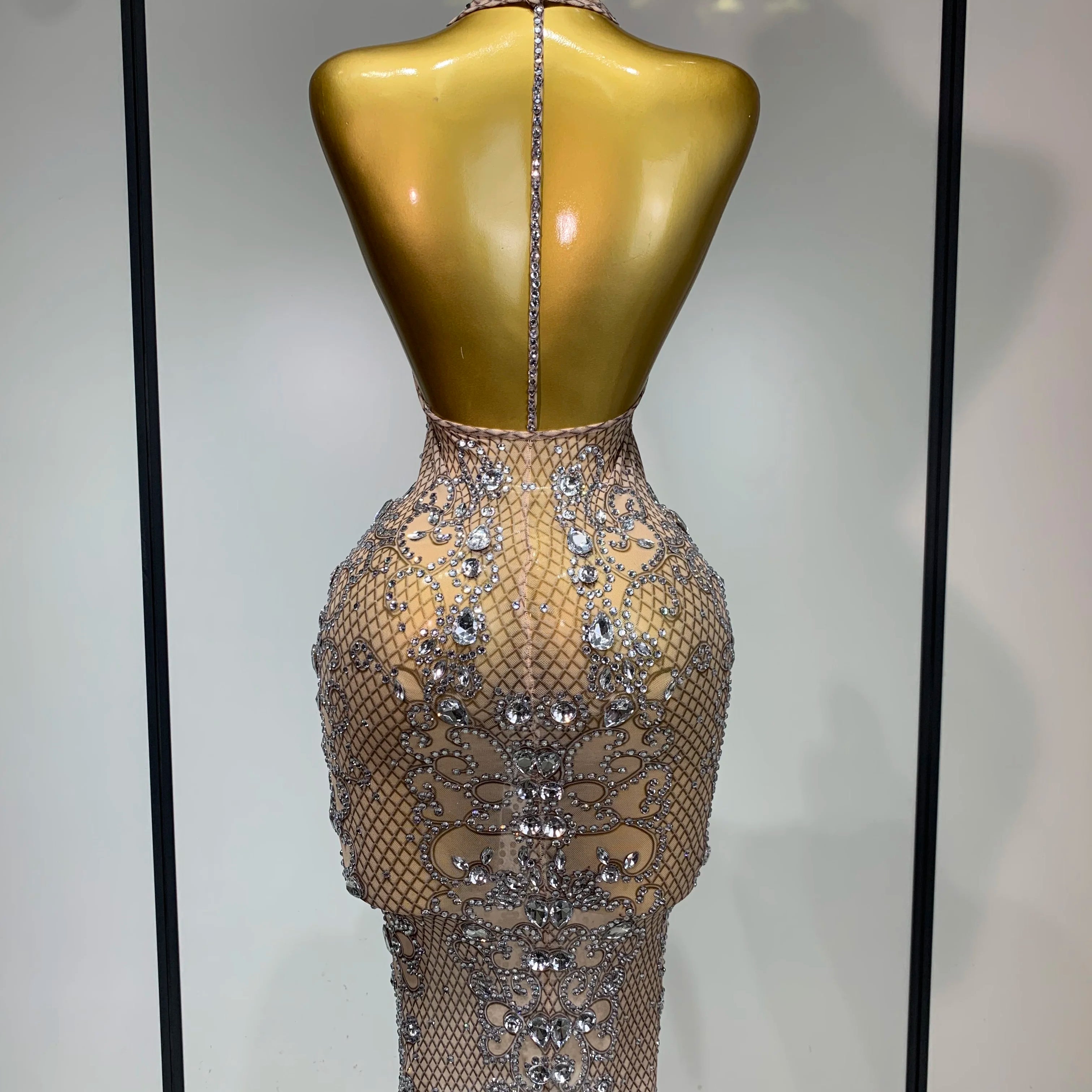 Women Sexy Backless Mesh Crystal Diamonds Performance Costume Stage Dancer See Through Stretchy Nightclub Evenig Party Dresses