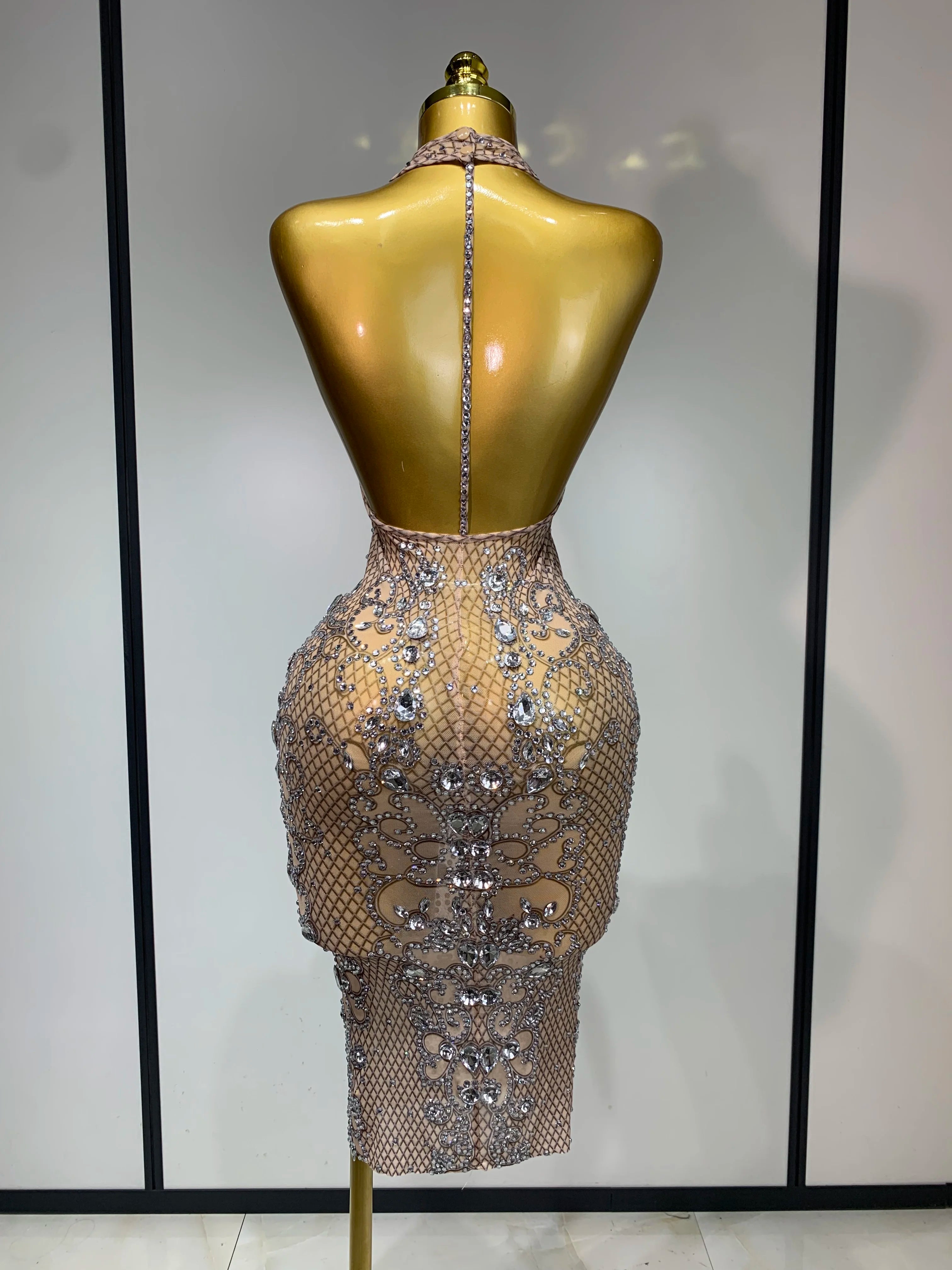 Women Sexy Backless Mesh Crystal Diamonds Performance Costume Stage Dancer See Through Stretchy Nightclub Evenig Party Dresses