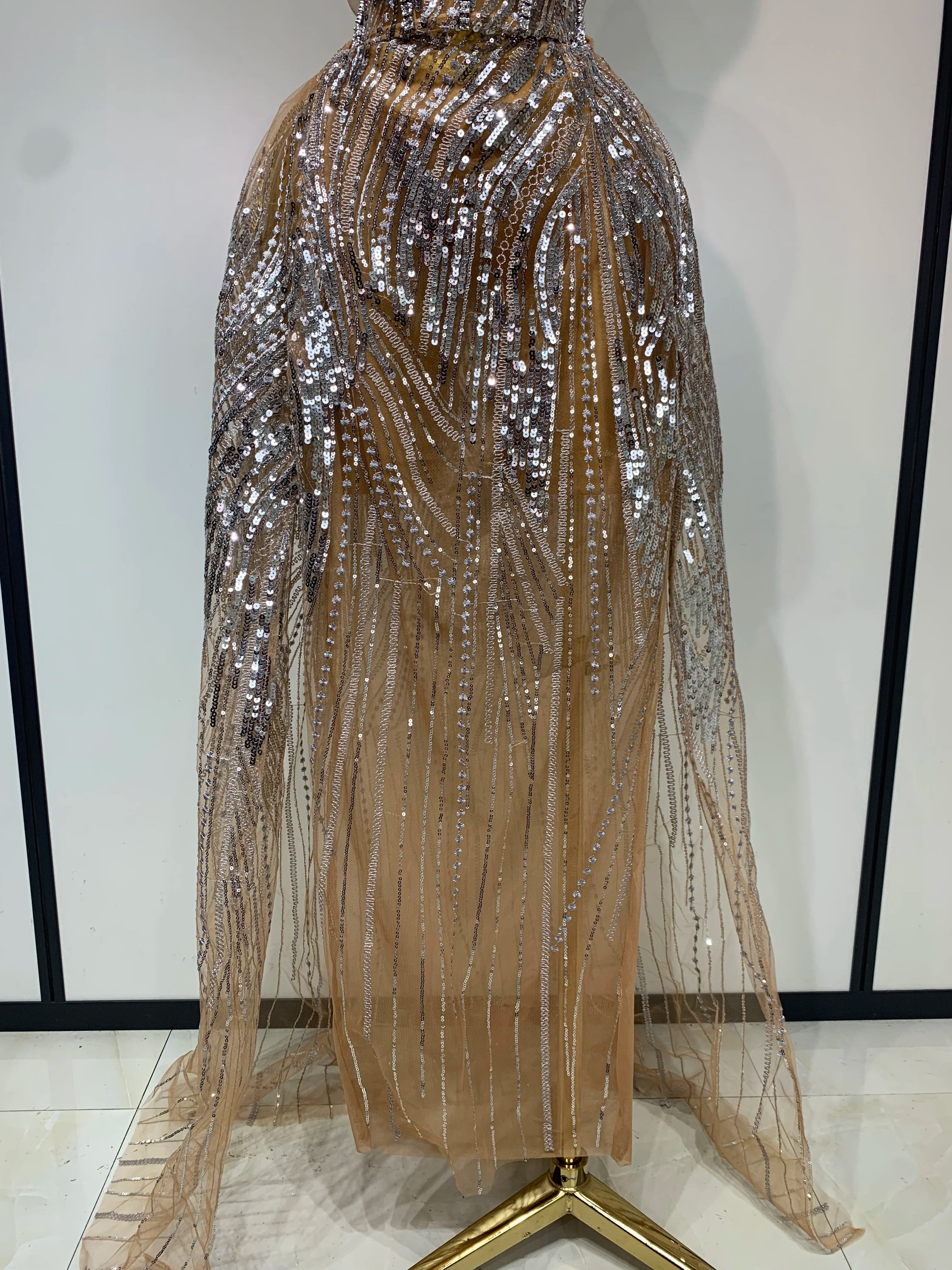 Women Sexy Strapless Mesh See Through Crystal Maxi Dress Evening Party Singer Stage Performance Costume Luxury Birthday Dress