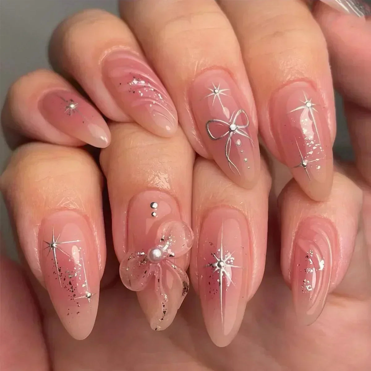 24pcs Short Almond Press on Nails 3D Flower Butterfly Fake Nails with Glue Colorful Natural Acrylic False Nails Full Cover Nails