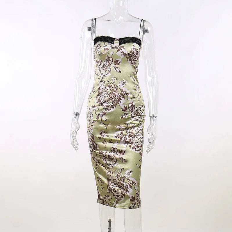 Print Floral Bodycon Slip Midi Dresses Women Vintage Sexy Lace Sleeveless Backless Dresses Elegant Birthday Party Club Vestidos