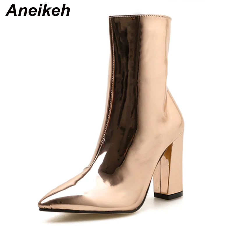 Spring Fashion Silver Patent Leather Women Ankle Boots Pointed Toe Square High Heels Shoes Chelsea Botas De Mujer Champagne