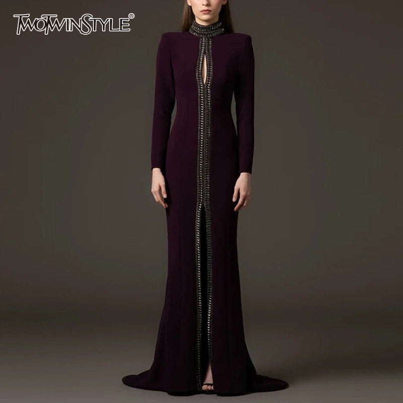 TWOTWINSTYLE Solid Hollow Out Spliced Bead Dresses for Women High Neck Long Sleeves Patchwork Split Elegant Dress Female Clothes