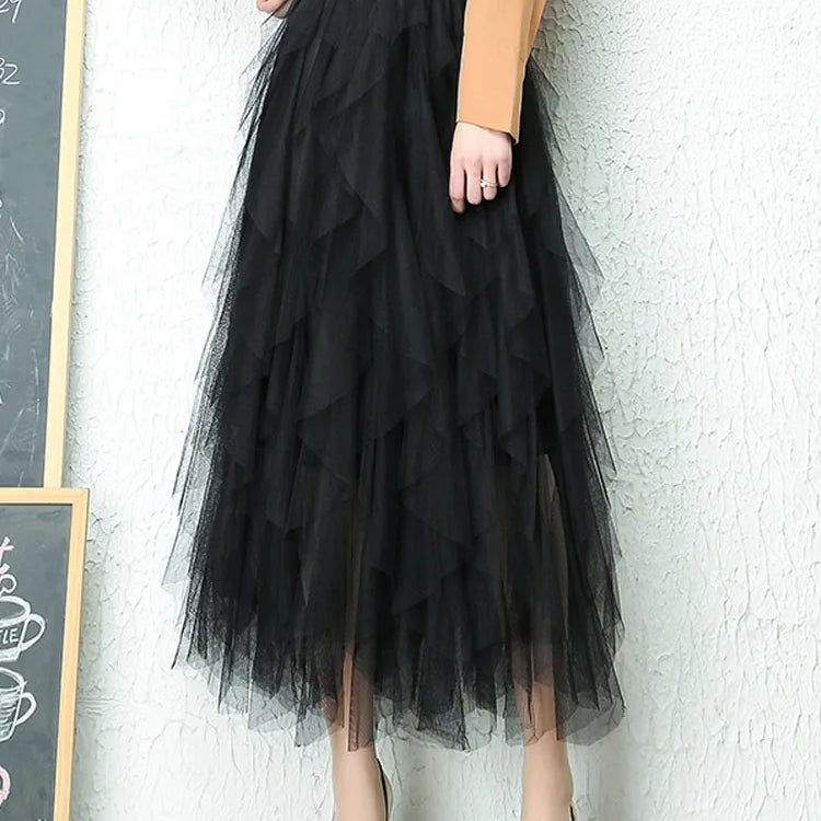 Fashion Tutu Tulle Skirt Women Long Maxi Skirt Spring Summer Korean Black Pink High Waist Pleated Skirt Female