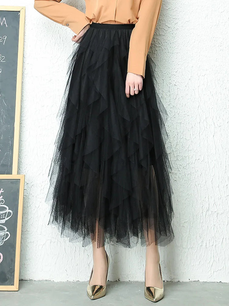 Fashion Tutu Tulle Skirt Women Long Maxi Skirt Spring Summer Korean Black Pink High Waist Pleated Skirt Female