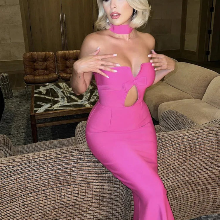Vestido de verão sexy sem alças, sem costas, gravata borboleta, rosa choque, preto, tornozelo, feminino, bodycon, bandagem, elegante, vestido de festa para noite