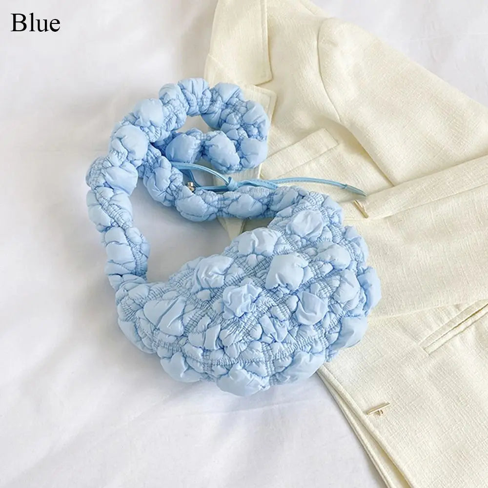 Cloud Quilted Shoulder Bag Simple Bubbles Solid Color Shopping Bag Pleated Handbag Women Girls blue