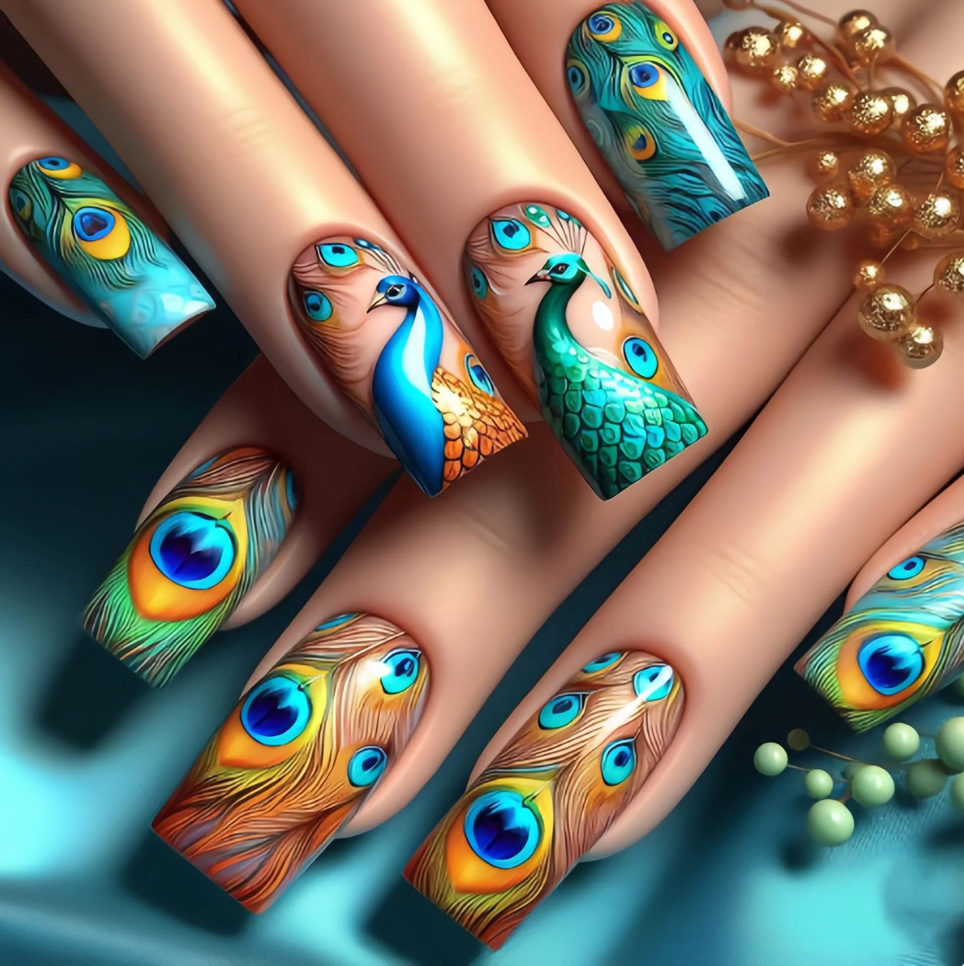 24pcs/set medium long fake nails fashion butterfly feather forest sea wave design gradient blue purple green press on false nail