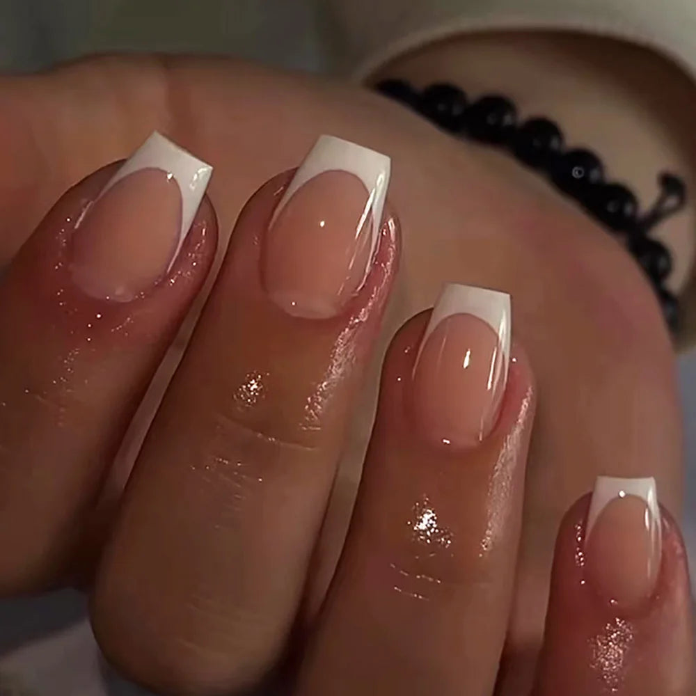 24pcs/set short fake nails for women girls french nude square white tips with rhinestones glitters Y2K  press on false nail art