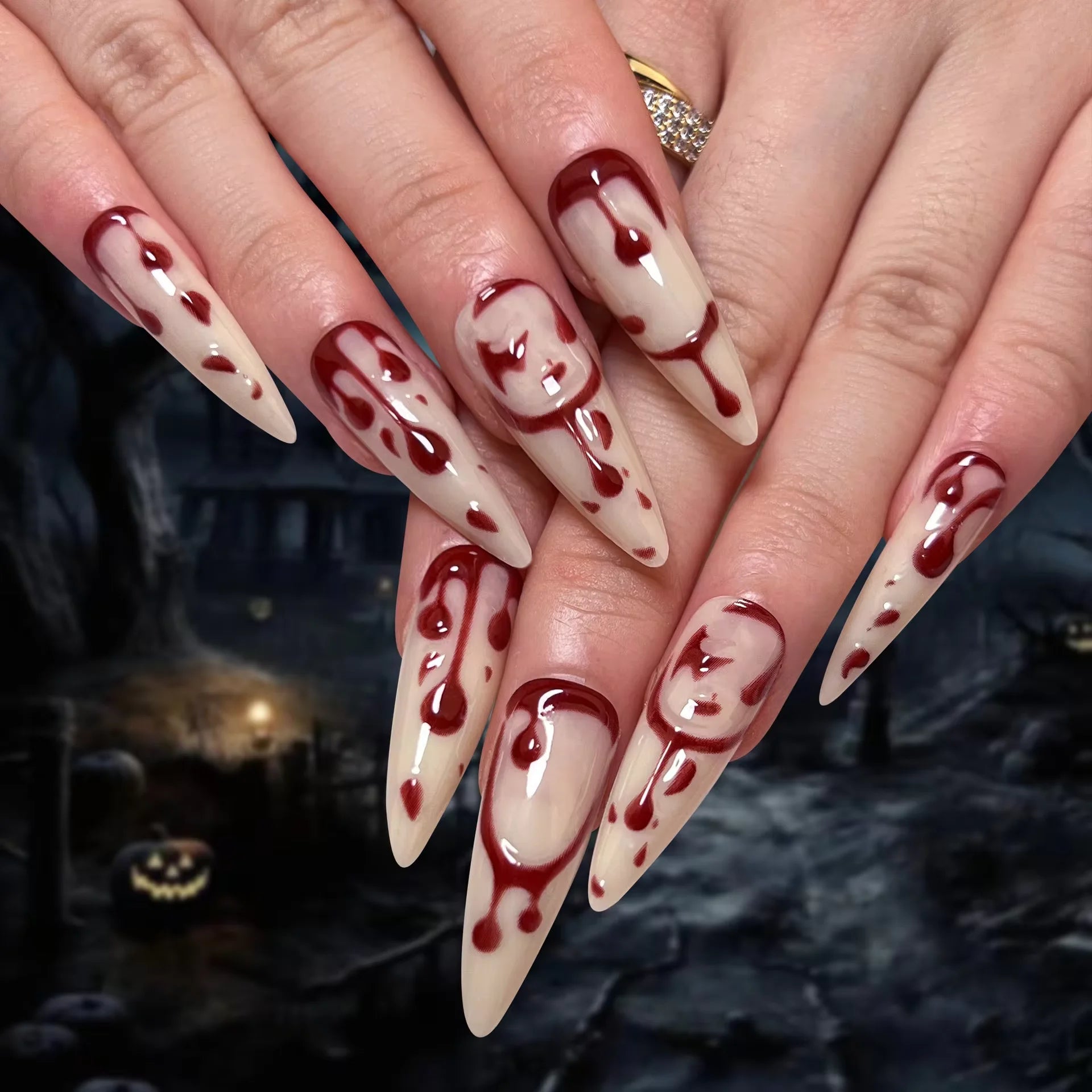 French Tips Press on Nails Long Fake Nails Black White Anime Comics Design Full Cover Punk Acrylic Artificial False Nails 24PCS