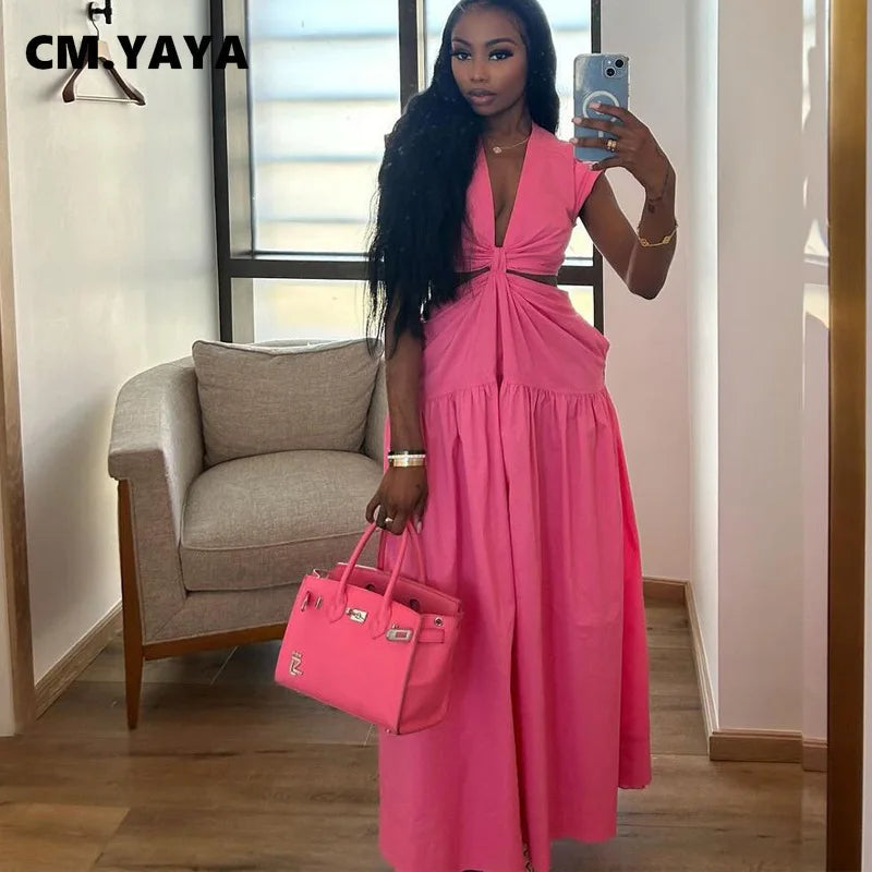 CM.YAYA Women Short Sleeve Tie Up Open Waist Deep V-neck Maxi Long Dress 2025 Summer Sexy Club Party Even Beach Vestidos Dresses