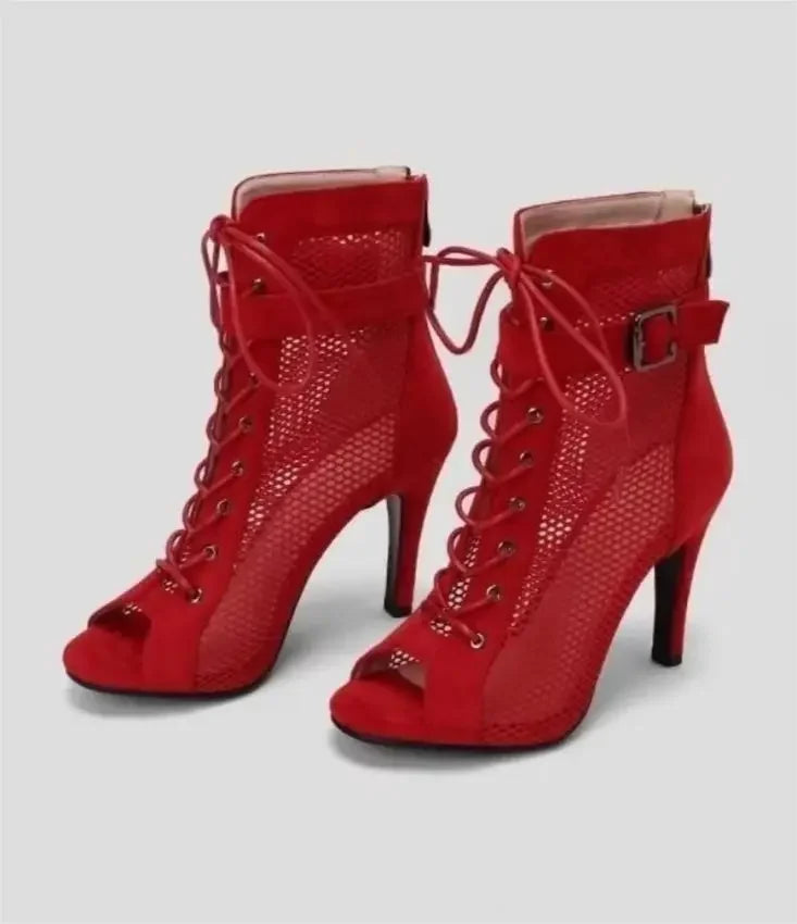 Sandals Hollowed Mesh Heels Belt Buckle Women's Summer Beige Lace-up Sexy Open Toe Boots Stiletto Jazz Dance Party Ladies Shoes 6621-2