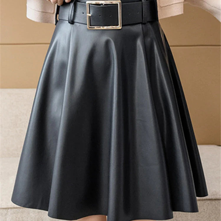 REALEFT Women's PU Leather Skirts With Belted 2022 New Fashion Solid Color High Waist Casual Short Ladies A-Line Skirts Female
