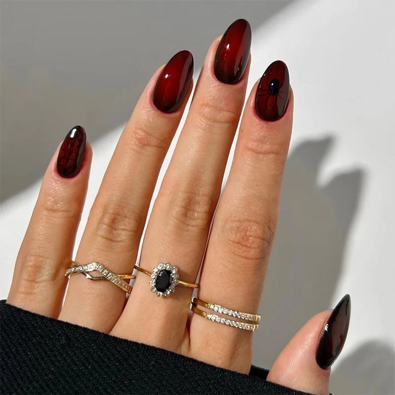 24Pcs Halloween Mid-length Nails Set Wine Red Black Almond Spider Web Silver Spice Cool Acrylic False Nails Full Cover Press Ons