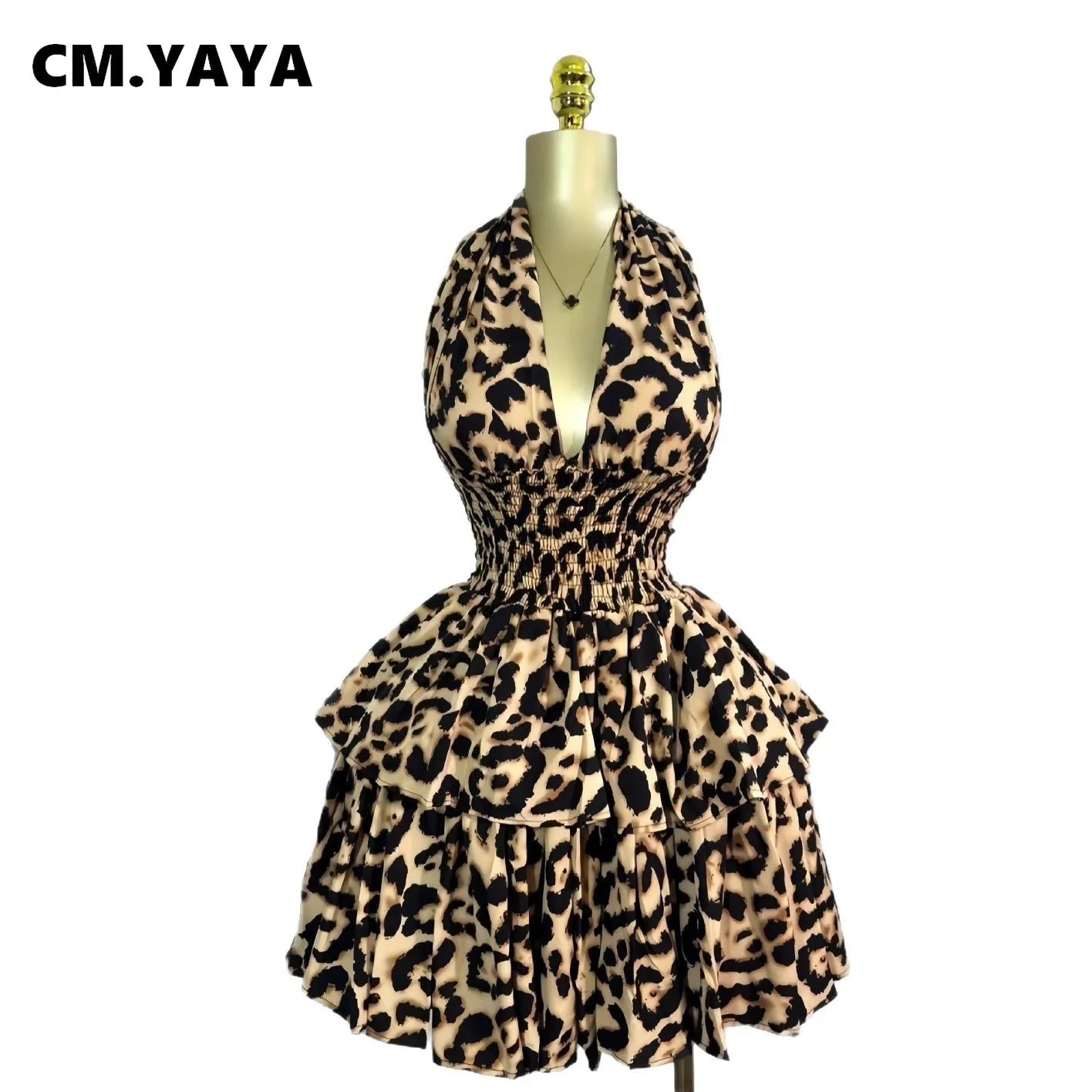CM.YAYA Women Leopard Print Halter Neck Backless Cascading Ruffles Big Swing Ball Gown Mini Dress 2025 Sexy Club Party Dresses