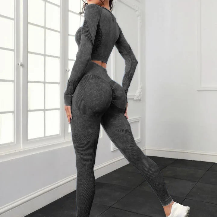Seamless Yoga Sets Women Workout Sportswear Gym Clothing Long Sleeve Crop Top High Waist Leggings Workout Fitness Sports Suits Black
