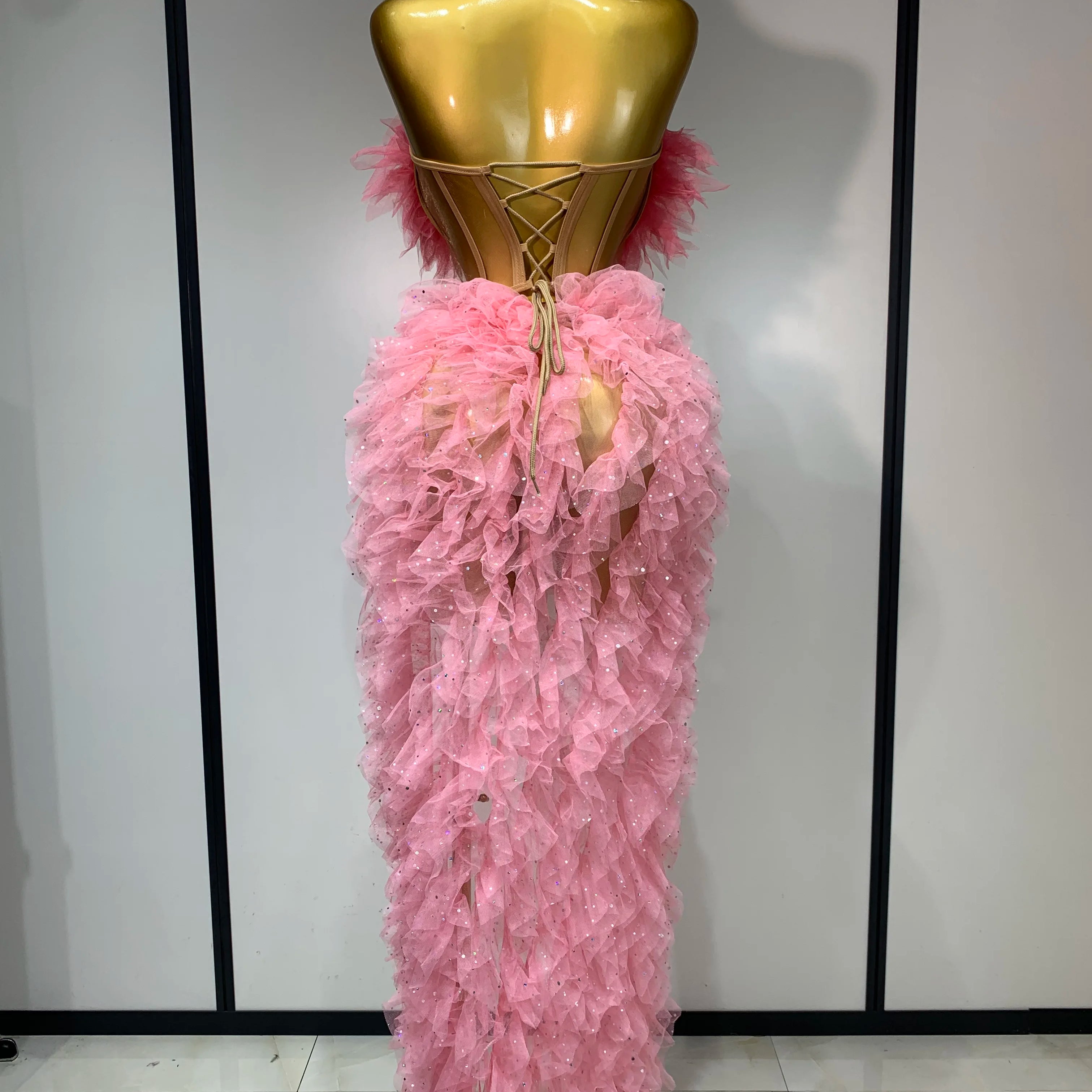 Women Sexy Strapless Ruffles two Pieces Set Bodycon Long Dress High Split Fashion Nightclub Party Birthday  Singer Stage Outfit