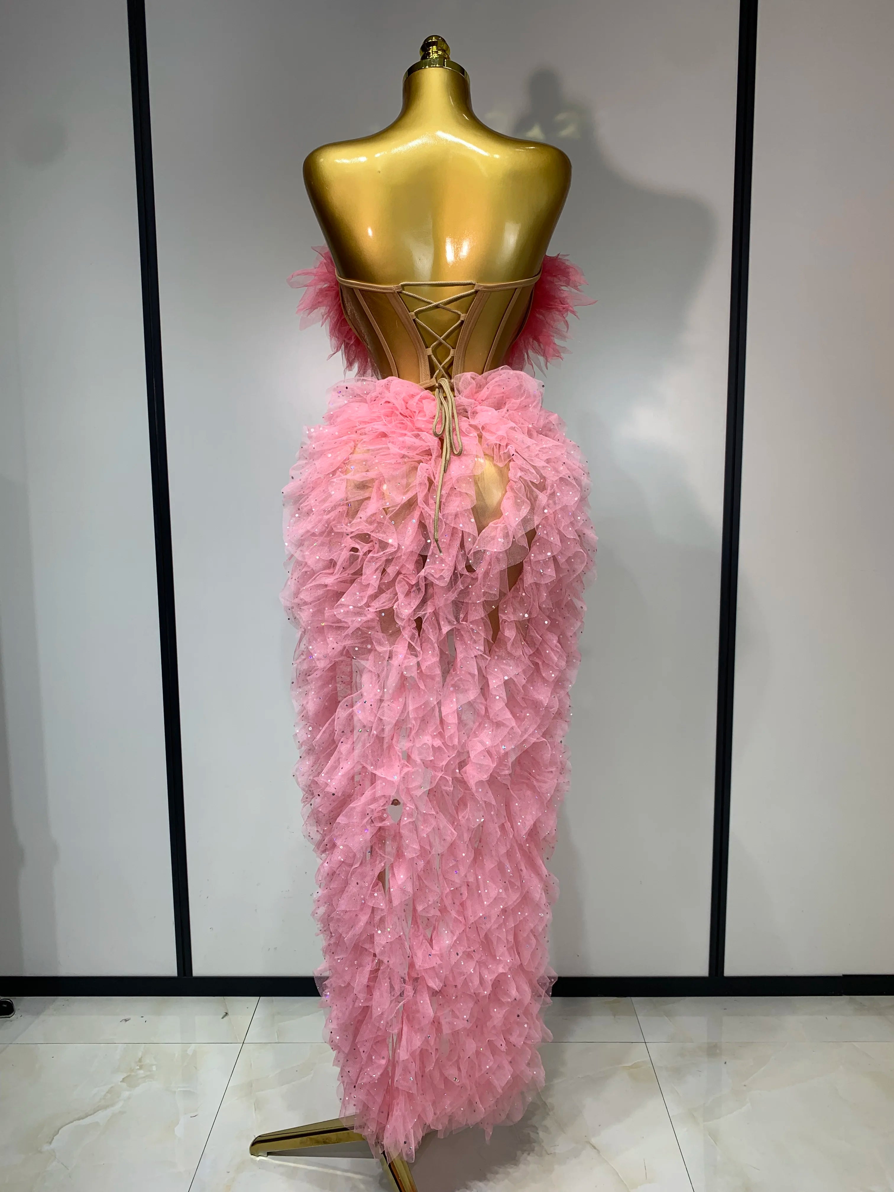 Women Sexy Strapless Ruffles two Pieces Set Bodycon Long Dress High Split Fashion Nightclub Party Birthday  Singer Stage Outfit