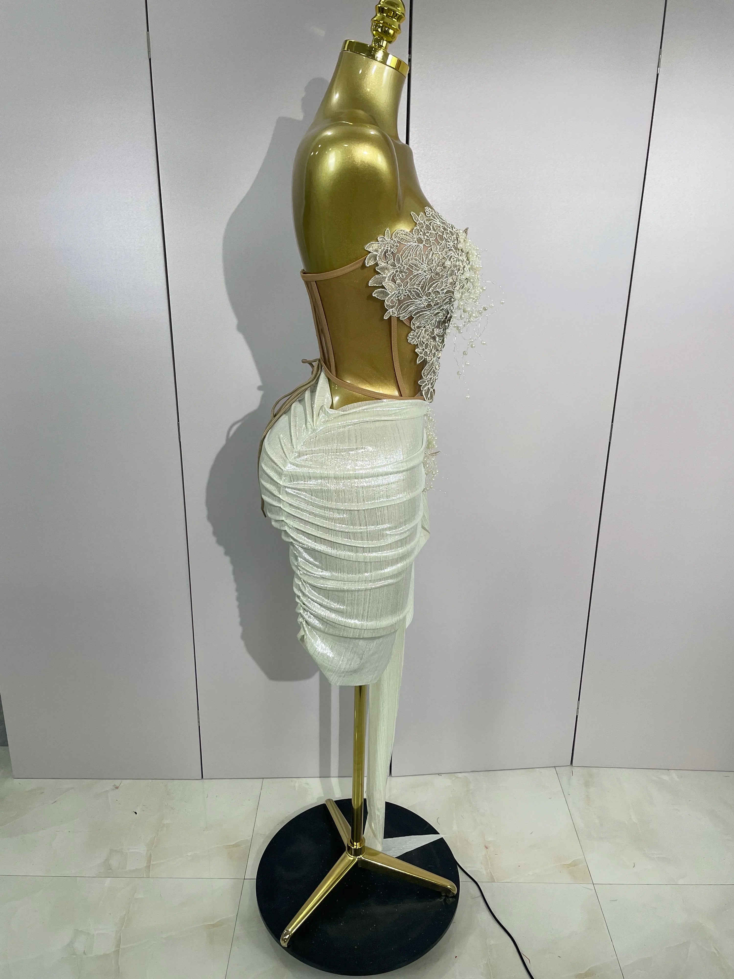 STOCK Luxury Shining Pearls Sexy Asymmetrical Skirt 2 PCS Set 2025 Women Evening Birthday Party Stage Dancer Performance Costume