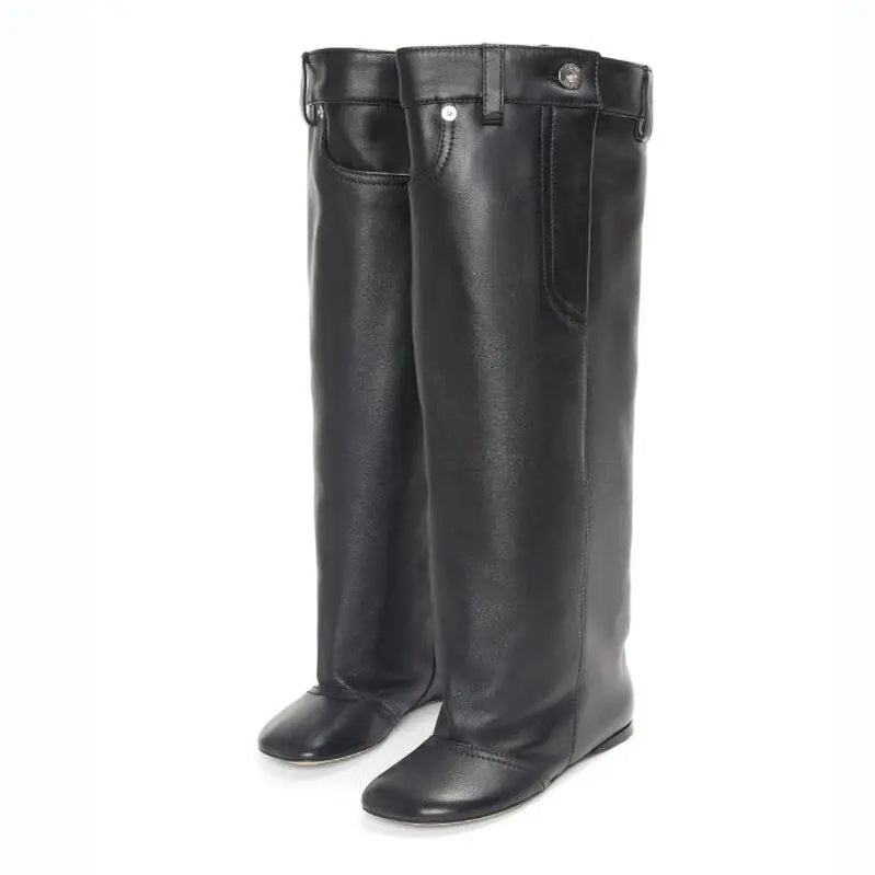 Women's High Rise Knee Length Women's Boots Fashion Size 43 Large Flat Bottom High Barrel Mid Sleeve Women's Boots 551Black long style