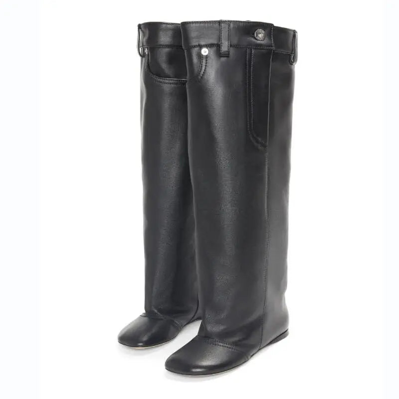 Women's High Rise Knee Length Women's Boots Fashion Size 43 Large Flat Bottom High Barrel Mid Sleeve Women's Boots 551Black long style