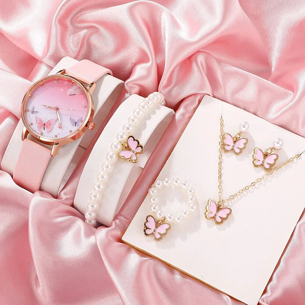 6PCS Set Women Fashion Quartz Watch Female Clock Pink Butterfly Dial Luxury Brand Design Ladies Leather Wrist Watch Montre Femme Pink