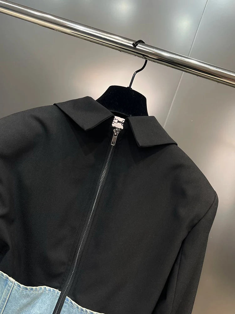 Color Patchwork Belt Casual Blazer For Women Notched Collar Long Sleeve Tunic Temperament Blazers Female Fashion Style