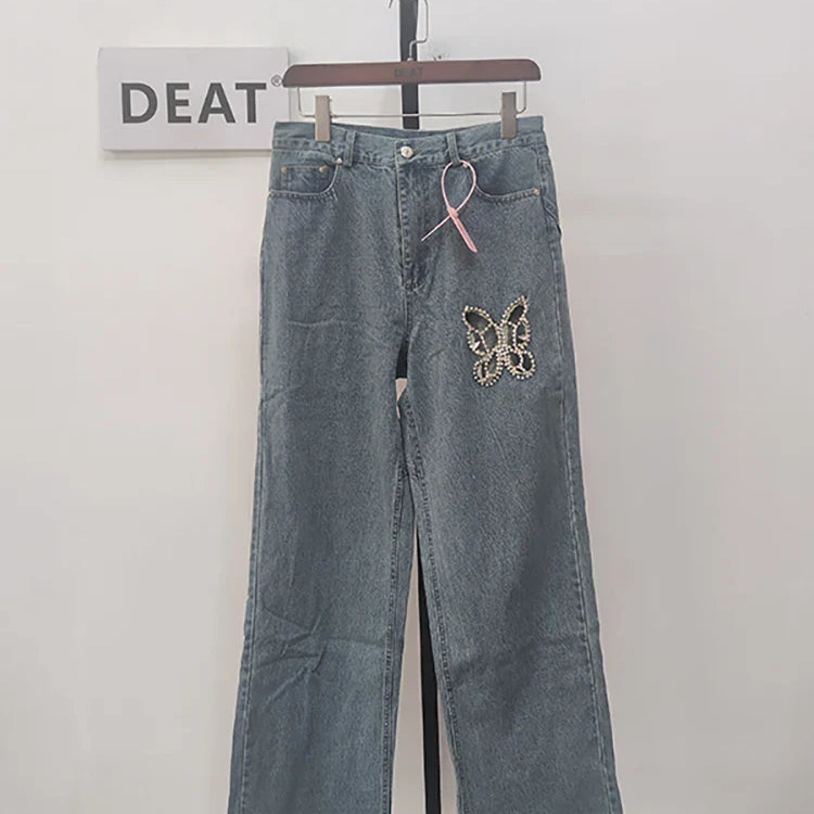 DEAT Women Notched Collar Diamond Tassel Short Denim Coat High Waist Butterfly Hollow Out Jeans Summer New Fashion 29L2717 blue Pants