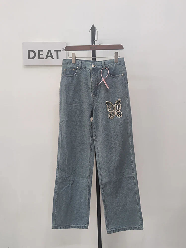 DEAT Women Notched Collar Diamond Tassel Short Denim Coat High Waist Butterfly Hollow Out Jeans Summer New Fashion 29L2717 blue Pants