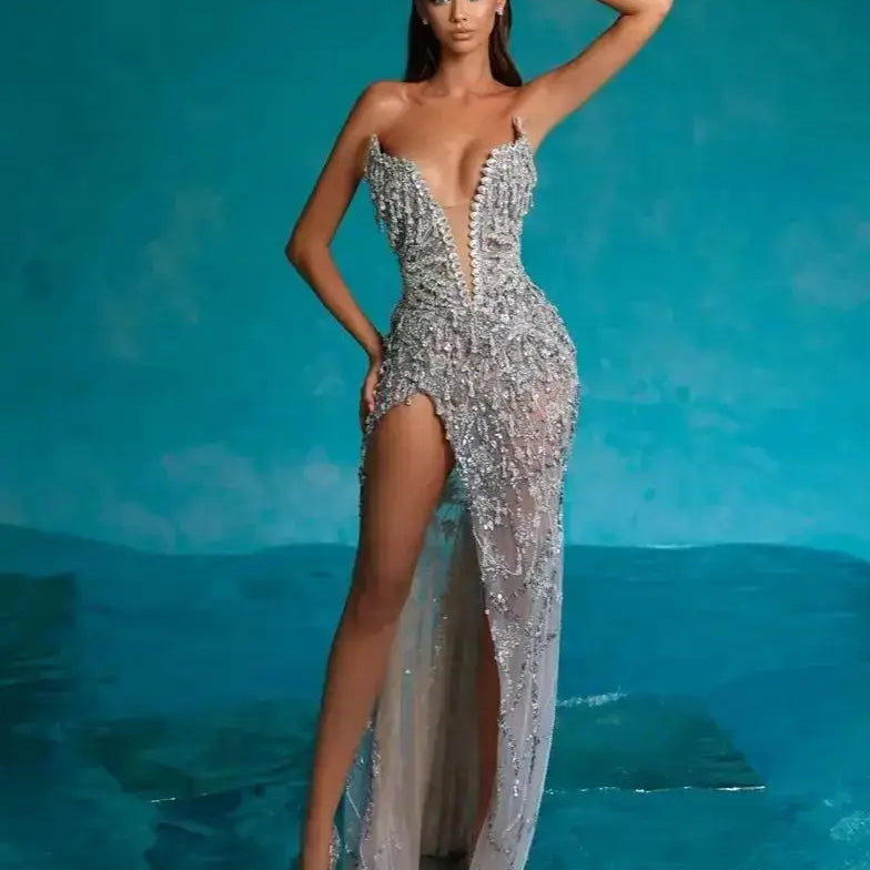 Luxury Diamonds Beading Sexy High Slit V-Neck Strapless Ankle Length Dress Goddess Dress Celebrity Evening Party Outfit