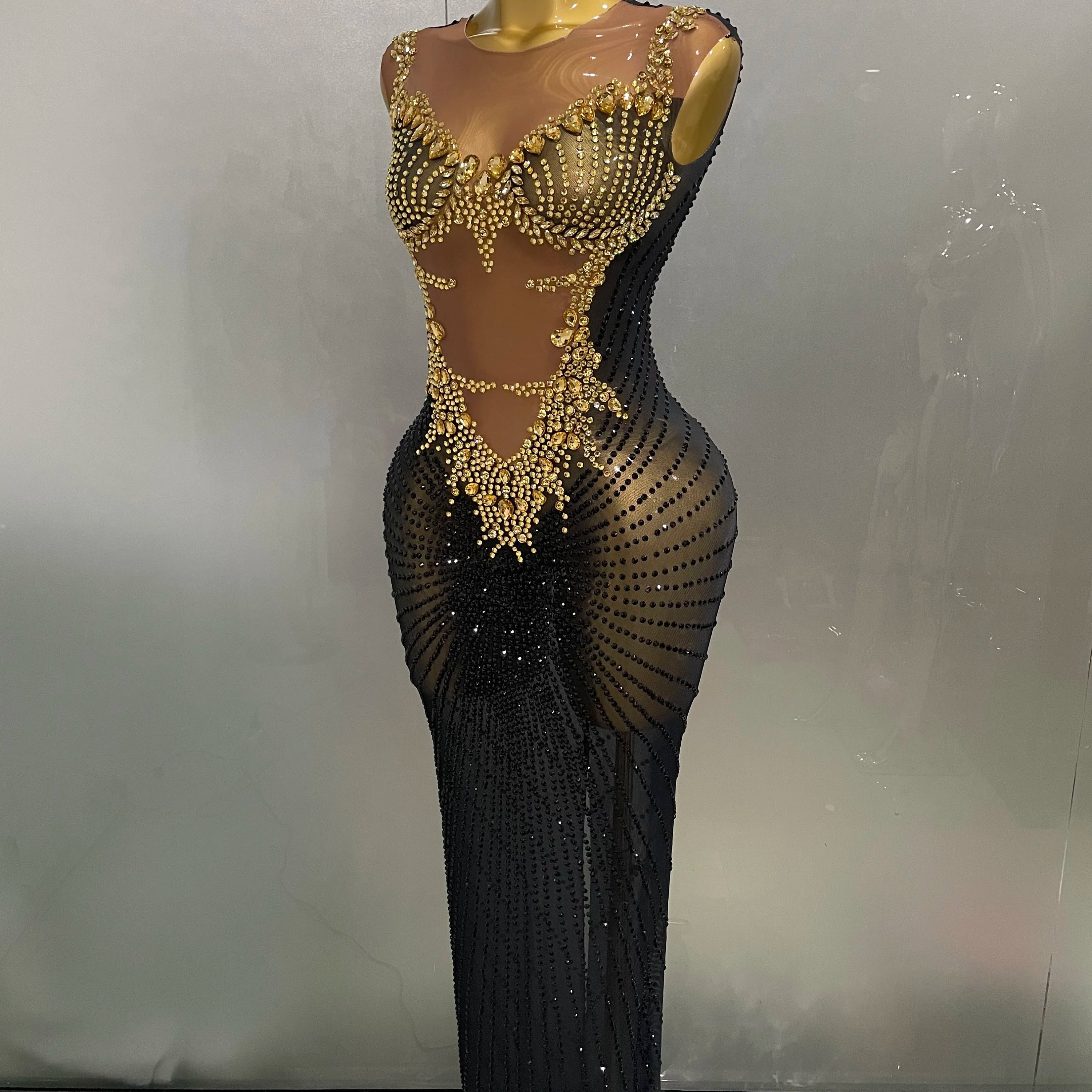 Sexy Sparkly Rhinestones Sleeveless Long Dress 2025 New Women Birthday Celebrate Evening Photo Shoot Stage Performance Costume