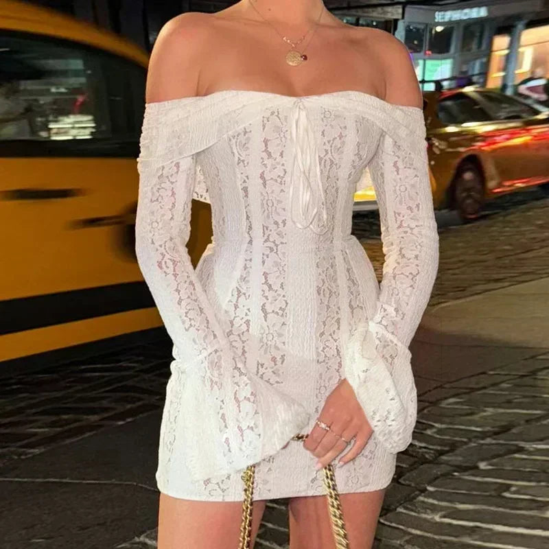 Suninheart Lace Slim Mini Dress for Women Off The Shoulder Sexy Long Sleeves Club Party Dresses Bodycon Elegant Autumn Dress