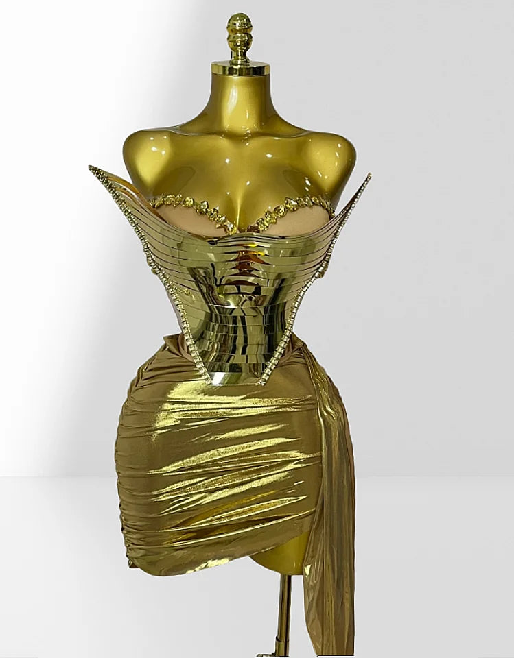 Fashionable Mirror Luxurious Rhinestone Lace -up Top And Mini Skirt Set 2 Pieces Woman Birthday Vestido Music Festival Outfit