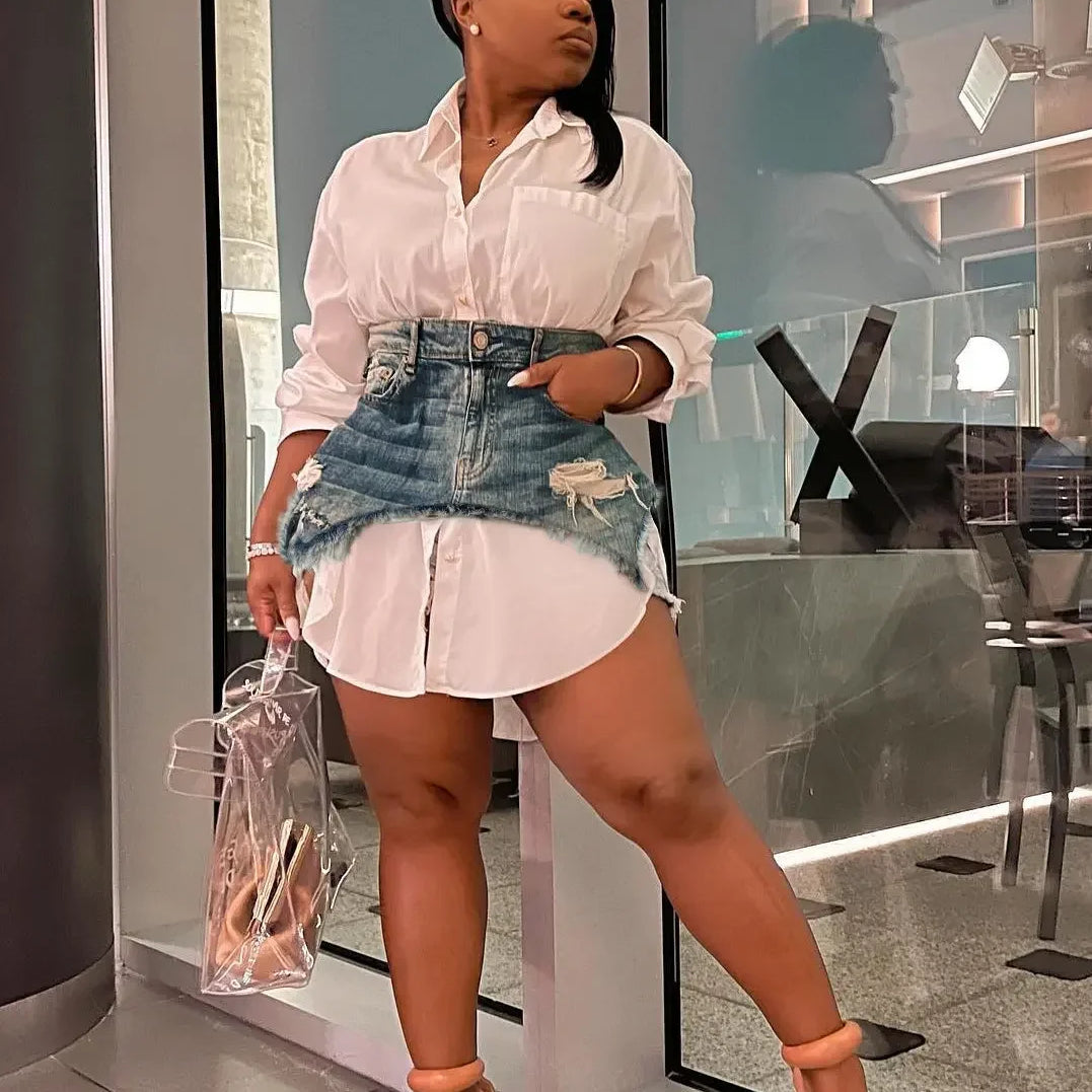 CM.YAYA Vintage Women Long Sleeve Turn-down Collar Shirt Blouse Style Dress with Denim Jean Irregular Mini Skirt Two 2 Piece Set